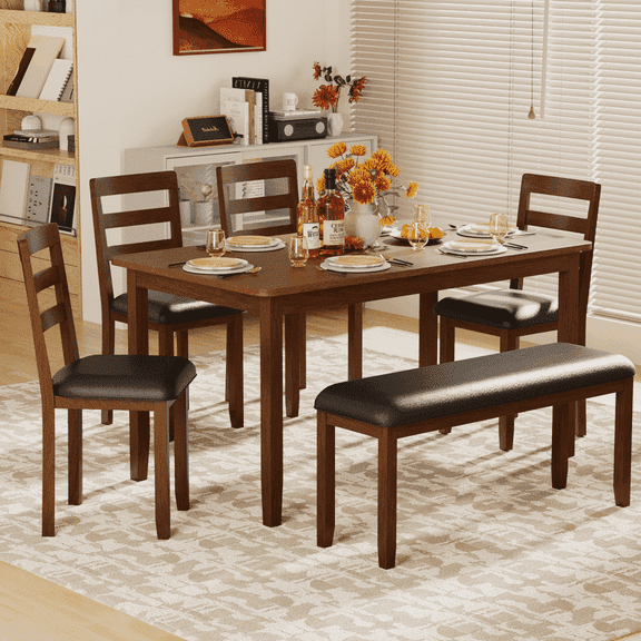 Furmax 6-Piece Dining Set, 58" Solid Wood Table, 4 Chairs & 1 Bench with Space-Saving Design, Tuck-under Storage, Round Corners & PU for softness for Dining Room/Kitchen, Brown