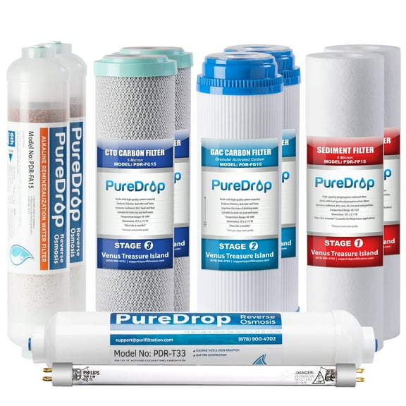 PureDrop PDR-F10KU 50 GPD Reverse Osmosis Water Filter 1-Year Replacement Cartridges for RTW5AK-UV 7-Stage RO Water Filtration System with Alkaline Mineral & UV light Filter, 10 Pieces