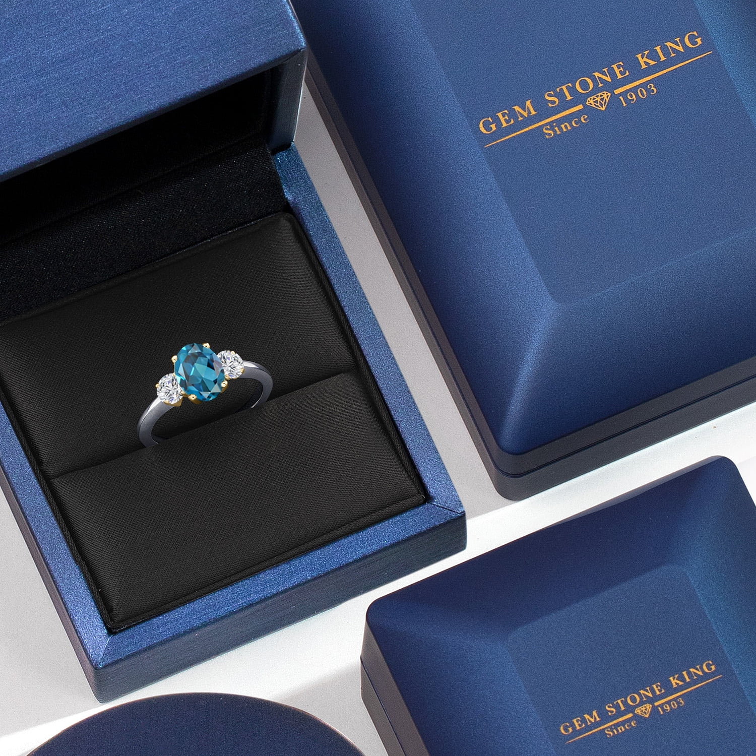 Gem Stone King 10K Two Tone Gold London Blue Topaz and Lab Grown Diamond Engagement Ring for Women | 2.04 Cttw | Oval 8X6MM | Gemstone November Birthstone | Size 9