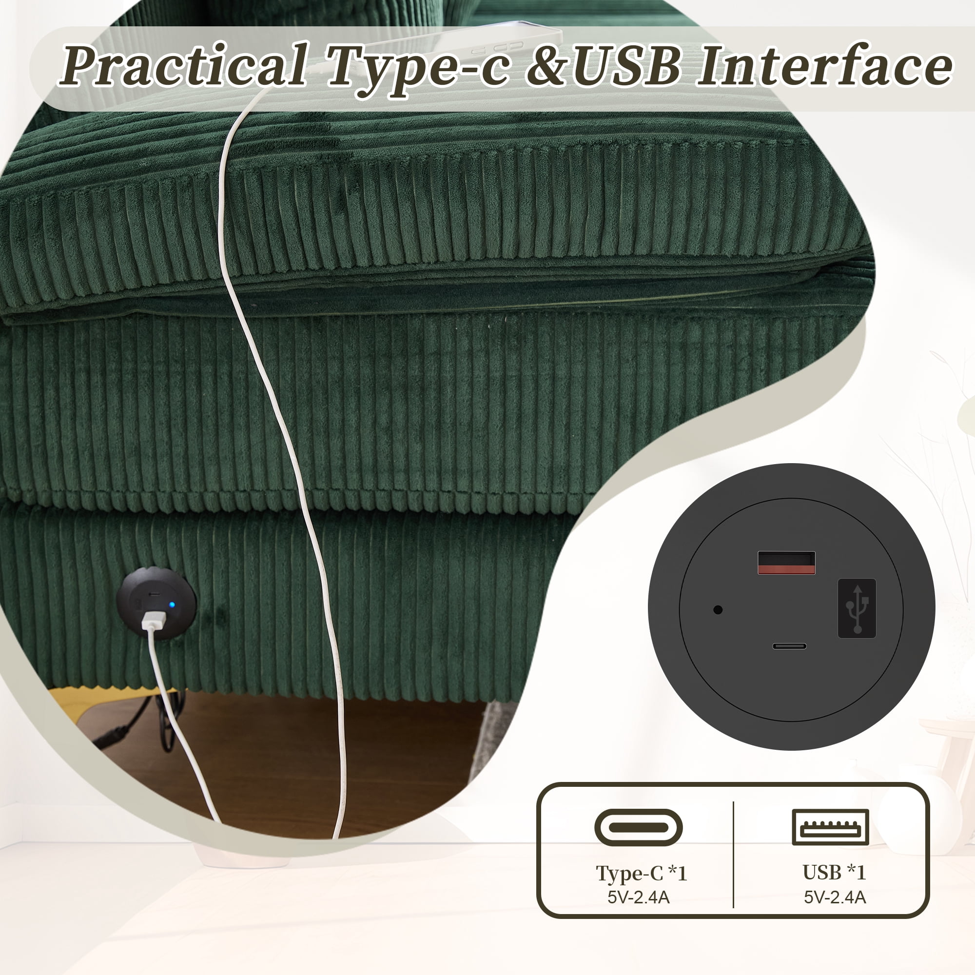 MOONMISS Corduroy Upholstered U-shaped Adjustable Light Modular Sectional Sofa With Type-C and USB ports-Emerald