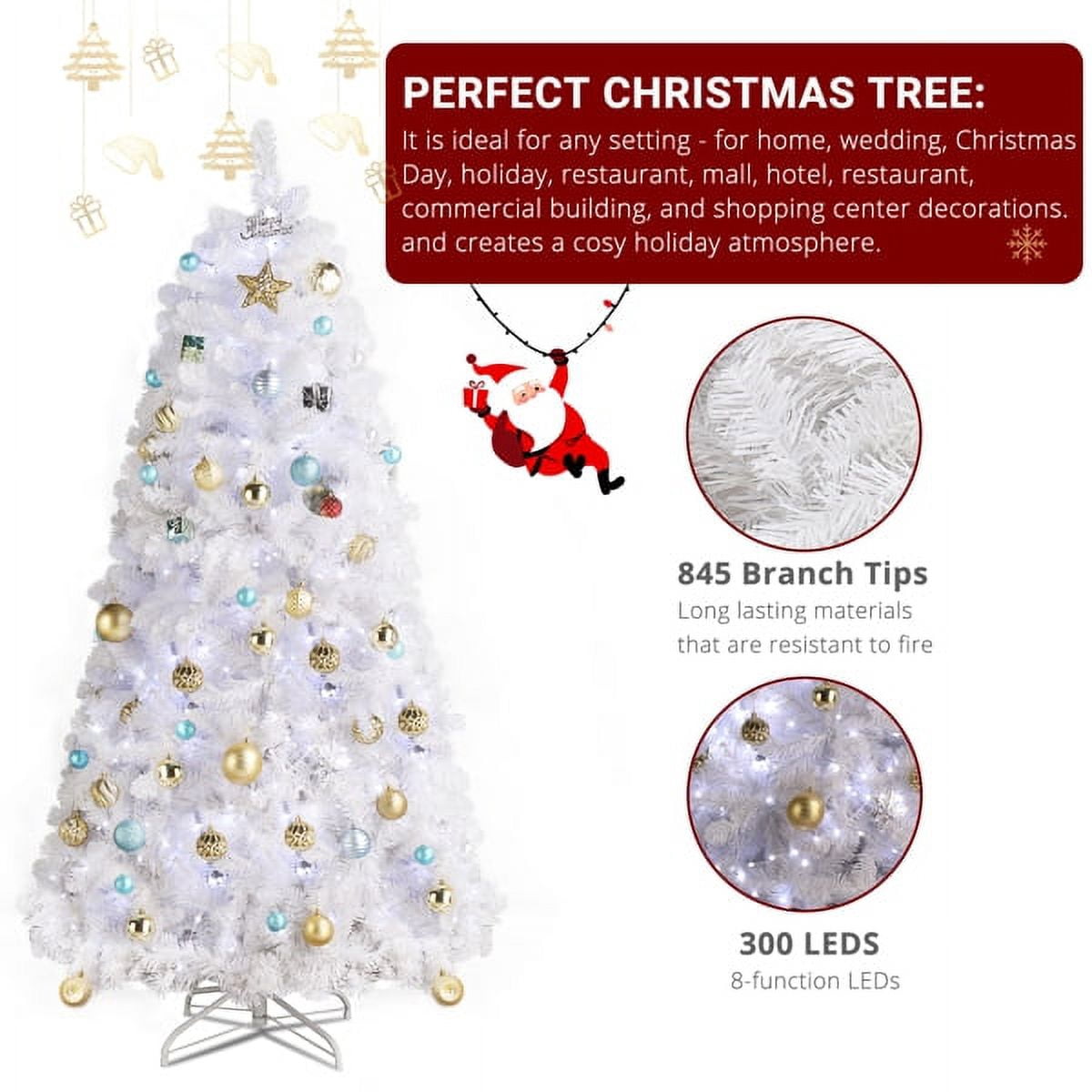 6ft White Hanging Structure Christmas Tree - 845 PVC Branches, 300 Cool-Color LEDs, Sturdy Iron Stand, Indoor Holiday Decor