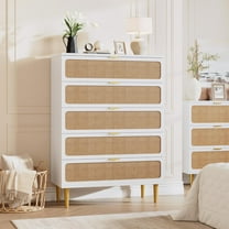 Twister.CK Rattan 5 Drawer Dressers for Bedroom, Tall Wooden Dresser with Deep Drawers, Chest of Drawers for Closet, for Living Room, Hallway, White