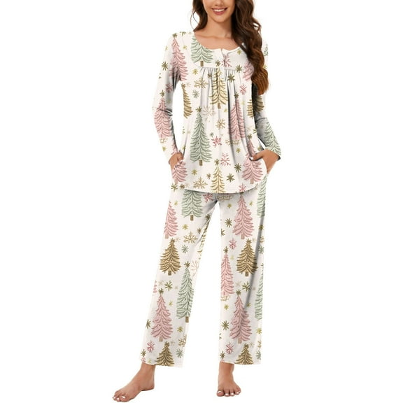 Hueook Silk Pajamas for Women Plus Size Pajamas Women Christmas Fashionable and Casual Loose Printed Round Neck Button Up Long Sleeved Pants Pajama Set Multicolor L