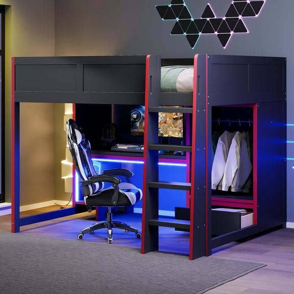 Kumix Full Size Loft Bed with Built-in Desk, Wardrobe, LED and a Drawer, Wood Gaming Loft Bed with Full-Length Guardrail and Ladder for Teens Adults, Black