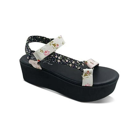 

WILD PAIR Womens Black Floral Flatform Ring Hardware Asymmetrical Cushioned Adjustable Strap Sawwyer Round Toe Platform Slip On Slingback Sandal 5 M