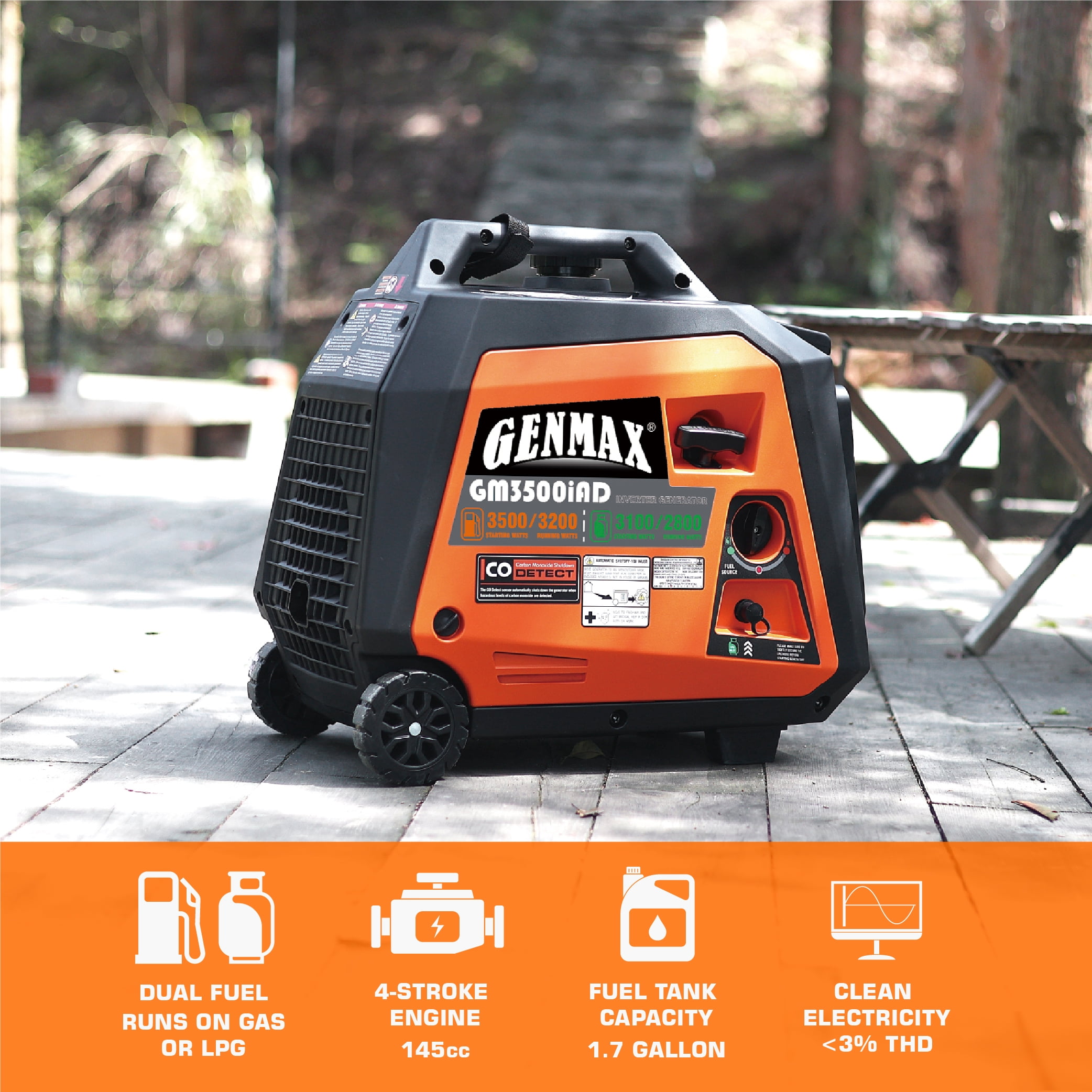 Genmax 3200W Dual Fuel Pull Cord Start Inverter Generator, CO Detect Shutdown