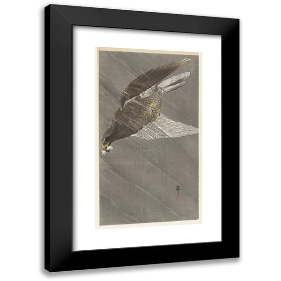 Ohara Koson 10x14 Black Modern Framed Museum Art Print Titled - Eagle Flying Down (1900 - 1930)