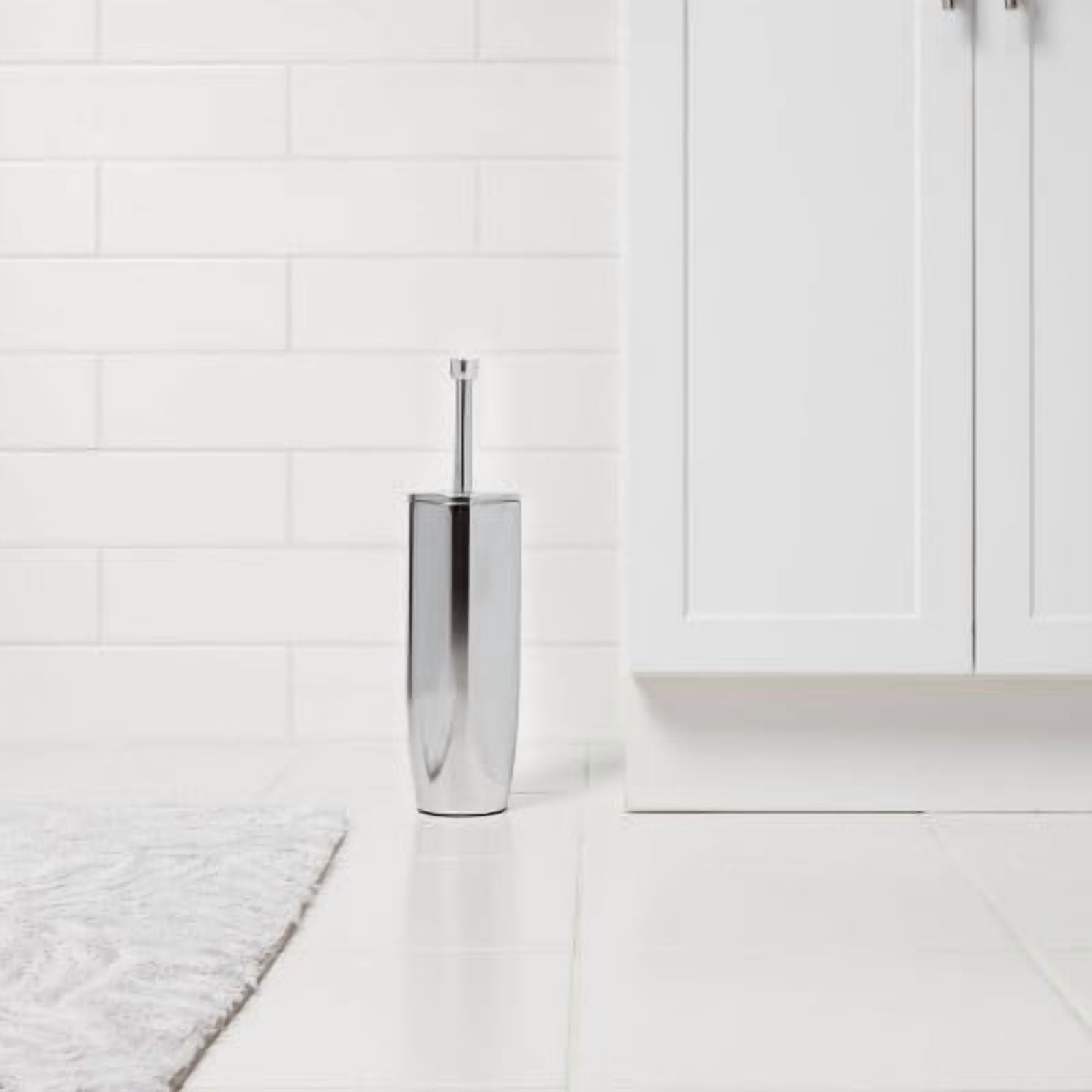 Solid Modern Toilet Brush Chrome -  Steel Holder, Reusable Scrubber, 16.1" Height
