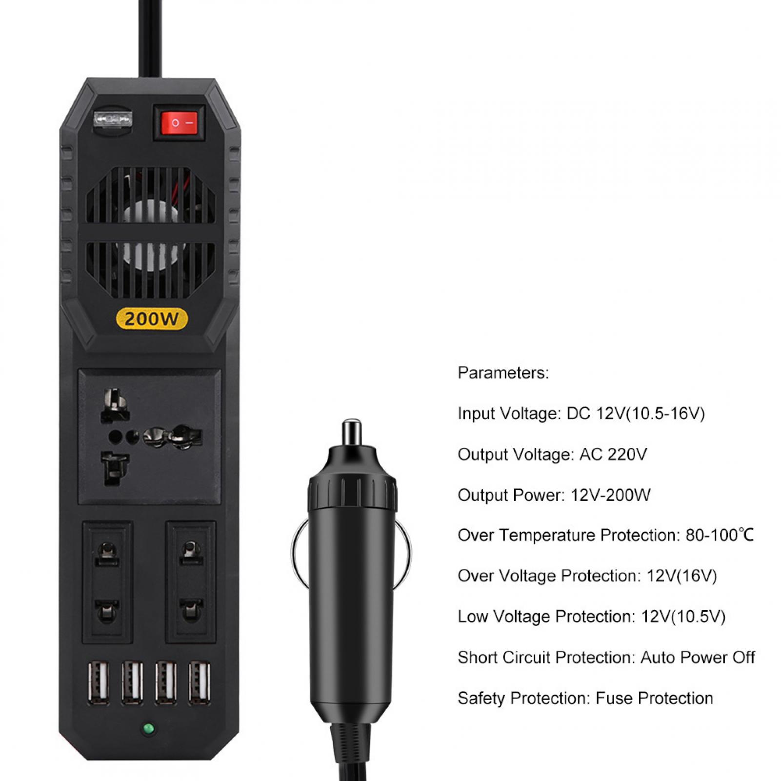 Adaptador de cargador convertidor de enchufe de coche, inversor de corriente con USB, inversor de corriente de coche de 200 W CC 12 V a CA 220 V