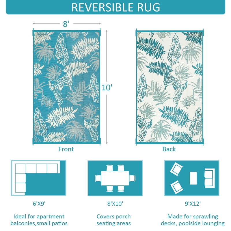 Aonewoe Outdoor Plastic Straw Rug 8x10 Waterproof Patio Rug Reversible Indoor Outdoor Rugs Outside Carpet for RV, Picnic, Backyard, Deck, Balcony, Porch, Beach, Blue & White
