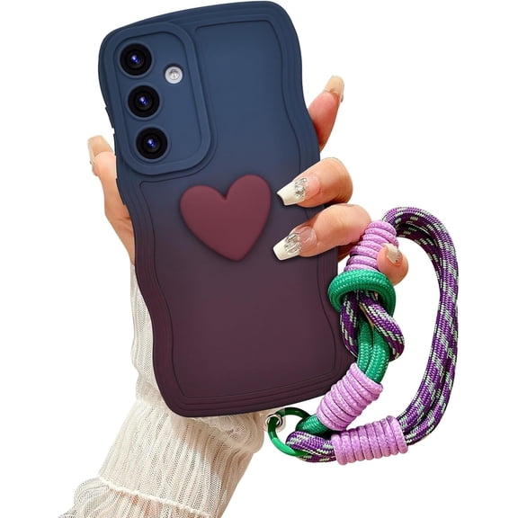 for Samsung Galaxy S24 Gradient Wavy Case with Wrist Strap Lanyard Cute Love Heart Curly Wave Frame Design Solid Color Soft Silicone Shockproof Cover for Girls Women, Navy/Brown