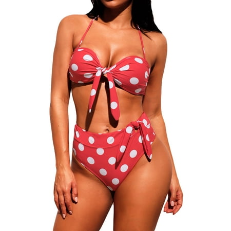 - Juniors' Swimsuit Celebrity Red White Polka Dot Print Bow Tie Halter Bikini Set (Small,MultiColor)
