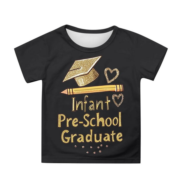 Toddler Girls Short Sleeve T Shirt With Cute Cartoon Print Crewneck Top Graduation Photo Tee For Kids Size 3-4T