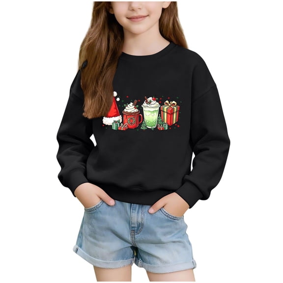 Gaxelrn Girls Christmas Sweatshirt Toddler Crewneck Long Sleeve Graphic Pullover Black for Kids,Size 5-6 T
