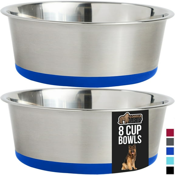 Dog Bowl Set of 2, Heavy Duty Stainless Steel Bowls by GORILLA GRIP, Holds 8 Cups, Royal Blue