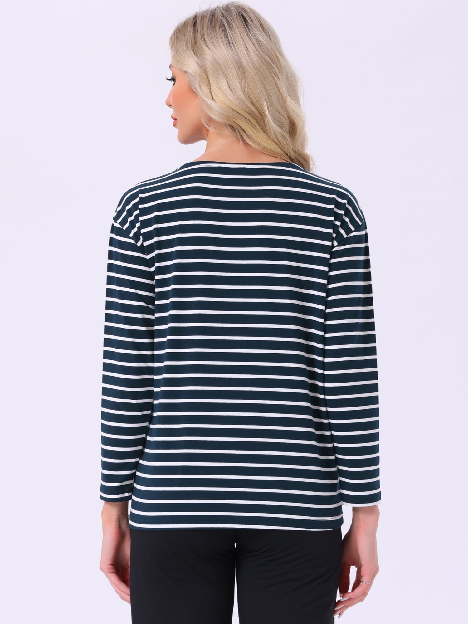 DARING DIVA Pajama Striped Cotton Long Sleeve Crew Neck Sleep Shirts S Navy Striped