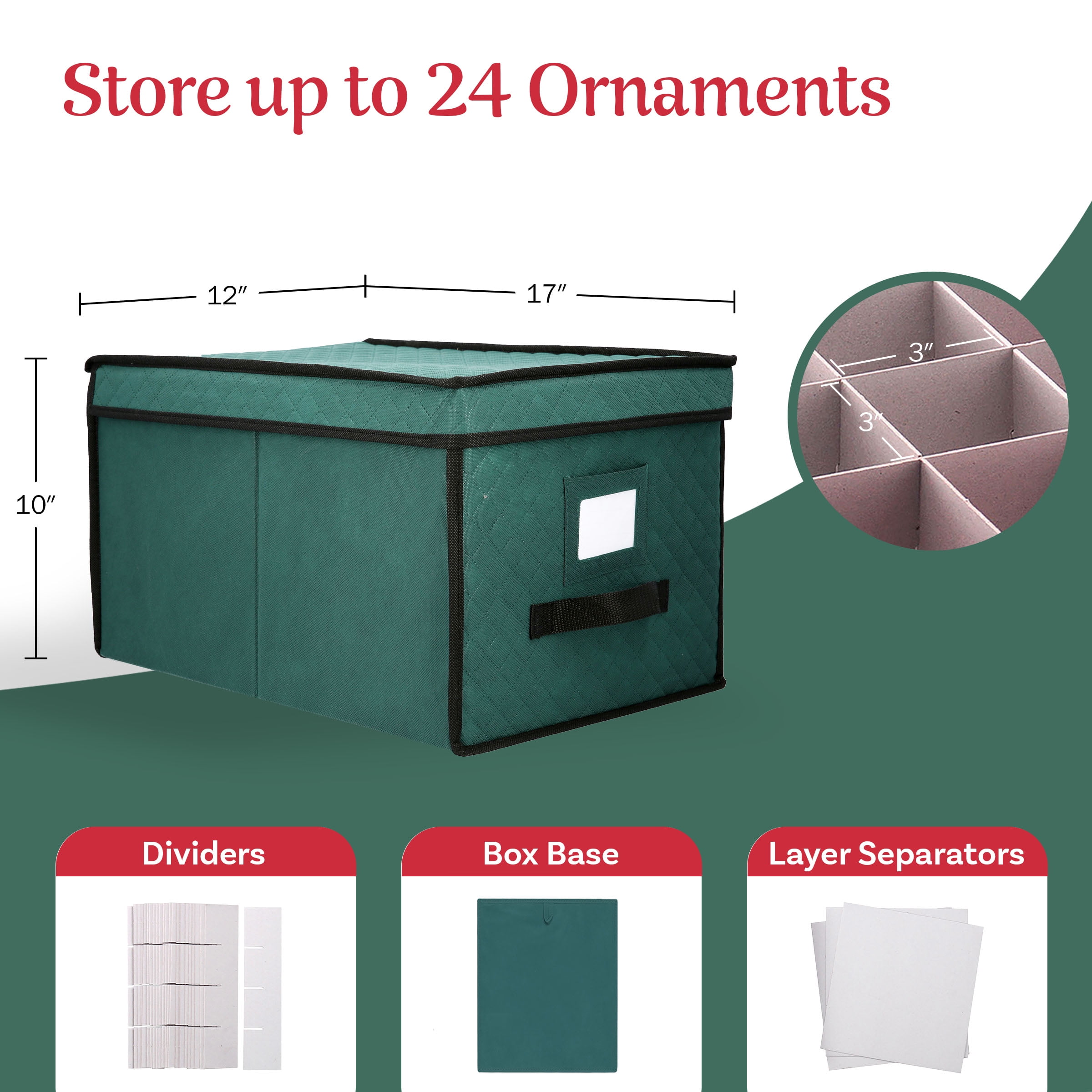 Elf Stor Flip Top Ornament Storage Box with 24 Movable Compartments (Green)