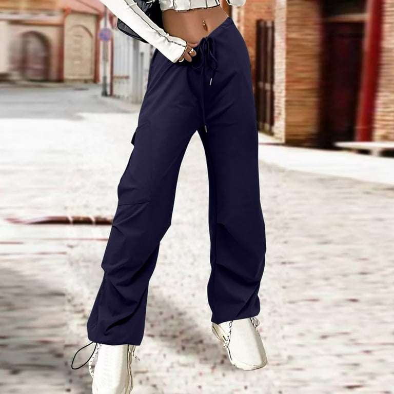 KJIUQ Parachute Pants for Women Baggy Cargo Pants Multi-Pocket High Rise  Y2K Pants Teen Girls Wide Leg Trousers Streetwear(Army Green,XXL) 