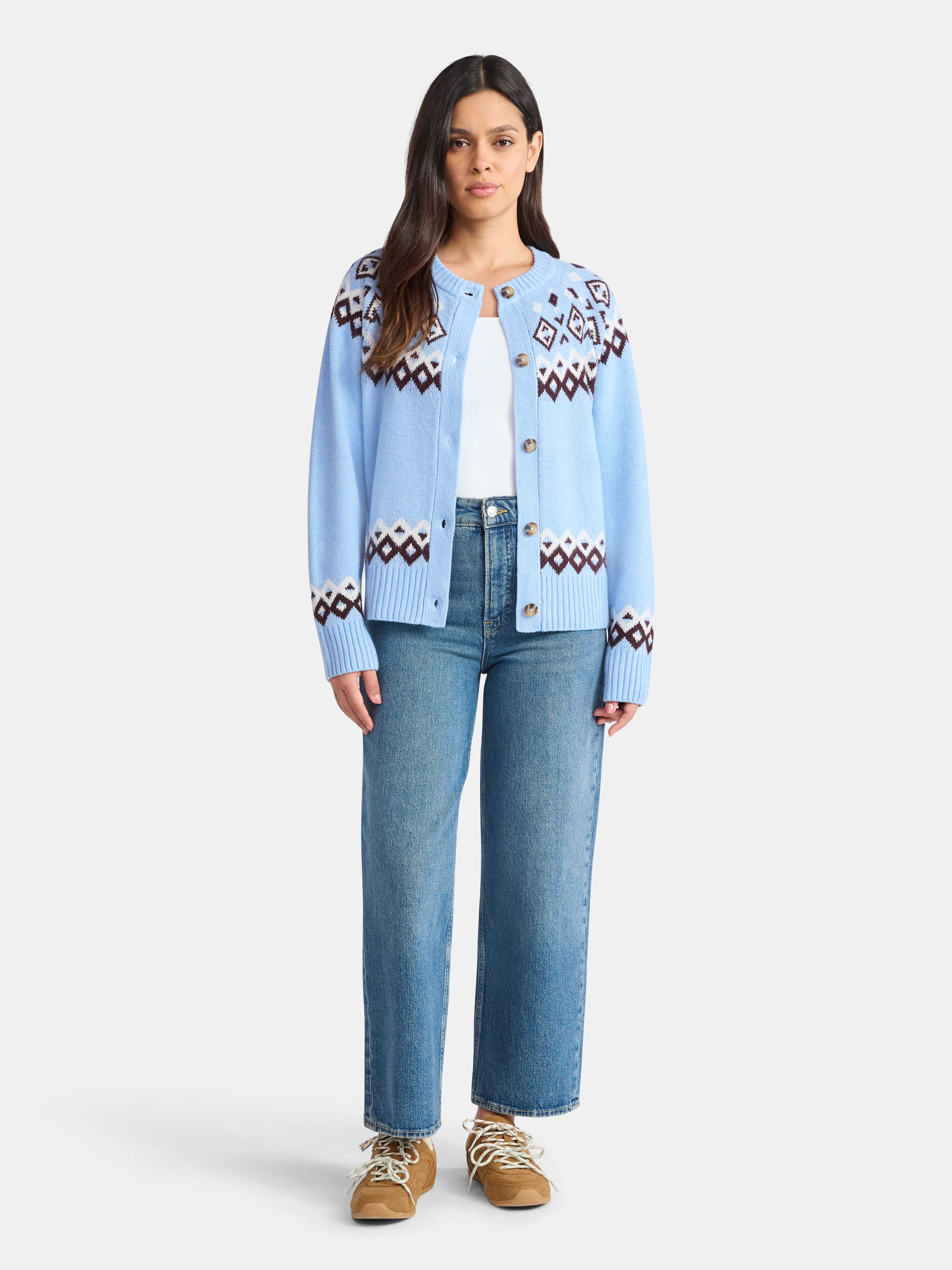 Time and Tru Women's Fair Isle Cardigan Sweater, Midweight, Size XS-XXXL