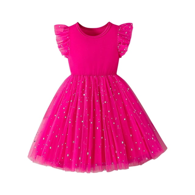 Zpanxa Robes pour Tout-Petites Filles Col Rond Manches Volantées Imprimé Étoile Maille Gonflée Polyester Robe Princesse Rose Vif 9 Ans