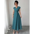 thumbnail image 3 of Teal Blue Womens V-Neck Ruched Waist Pleated Maxi Dress With Drop Shoulder Sleeve, 3 of 6