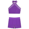 thumbnail image 3 of Alvivi Kids Girls Figure Skating Dance Outfits Shiny Rhinestone Crop Tops with Booty Shorts Set Gymnastics Dancewear Purple 8, 3 of 7