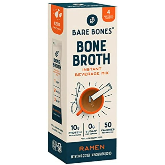 Bare Bones Bone Broth Instant Powdered Beverage Mix, Ramen, Pack Of 4, 15G Sticks, 10G Protein, Keto & Paleo Friendly, Non-Gmo, Gluten-Free, Dairy-Free