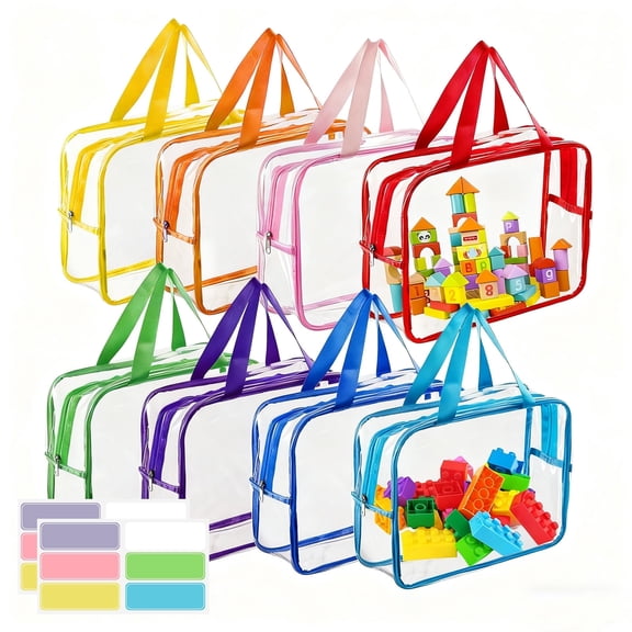 Lumikrypt 8 Pack Clear Toy Storage Bags, Large PVC Toy Organizing Bags with Zipper, Reusable Waterproof and Dust-Proof Toy Storage Bag for Building Blocks, Puzzles (8 Colors)