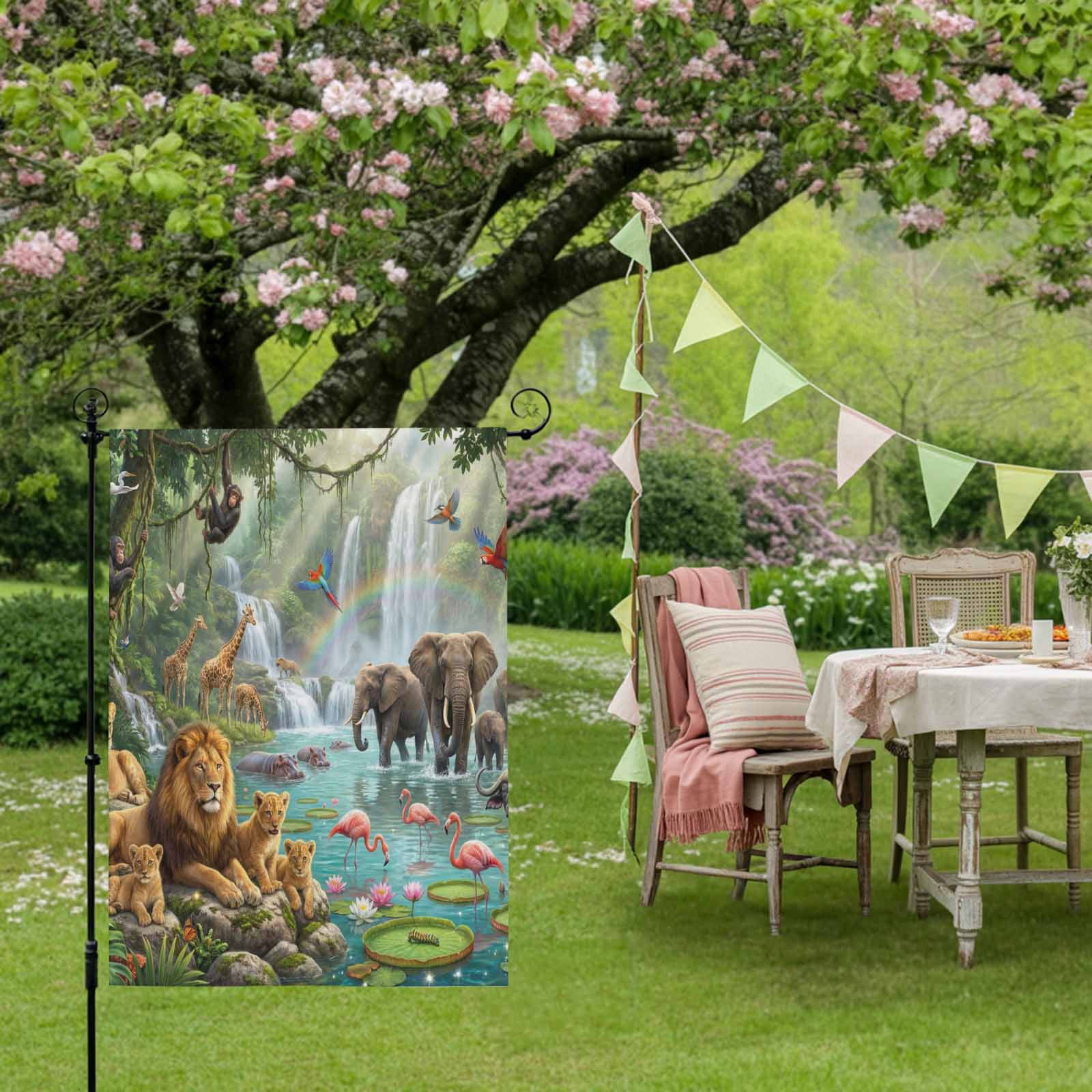 Forest Landscape House Flag 28 x 40 Inches, Tropical Elephants Lions Birds Giraffe Monkey Lotus Weather Proof Outdoor Patio Flags Double Sided Small House Decoration for Yard Lawn Outside Home