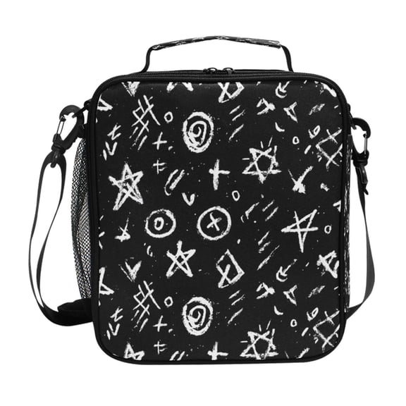 Monochrome Doodle Pattern Graffiti Insulated Lunch Bag Reusable Lunch Box Lunch Container with Straps