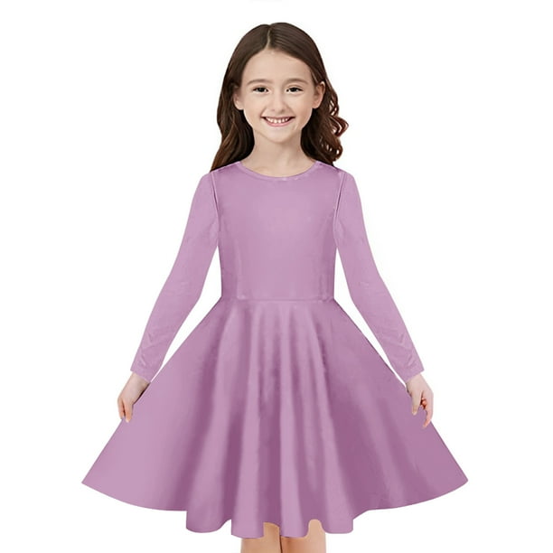 Odeerbi Niñas Manga Larga A-Vestido de Manga Larga Para Niñas Vestido Acampanado de Primavera Vestido Elástico de Colores Sólidos Vestido de Patinadora Twirly Vestido de Recital Escolar