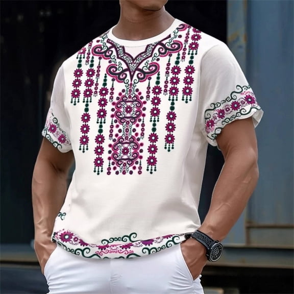 Retro African Dashiki T Shirts for Man Breathable Crew Neck Short Sleeve Graphic Tees Loose Top Summer Vacation Hot Pink XXL