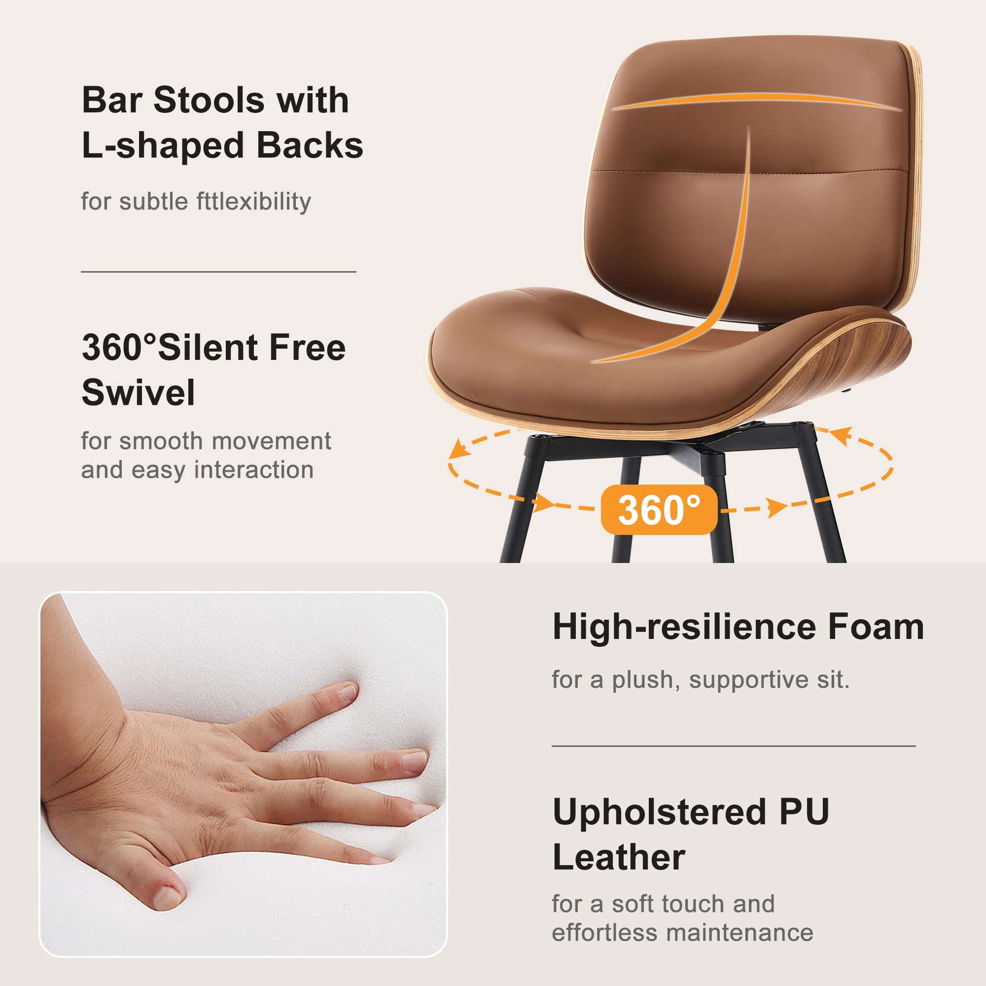 Counter Height Bar Stools Set of 4, 26" Swivel PU Leather Upholstered Bar Stools with Walnut Backs and Metal Legs, Retro Counter Stools for Kitchen Island, Dining Room, Pub, Brown