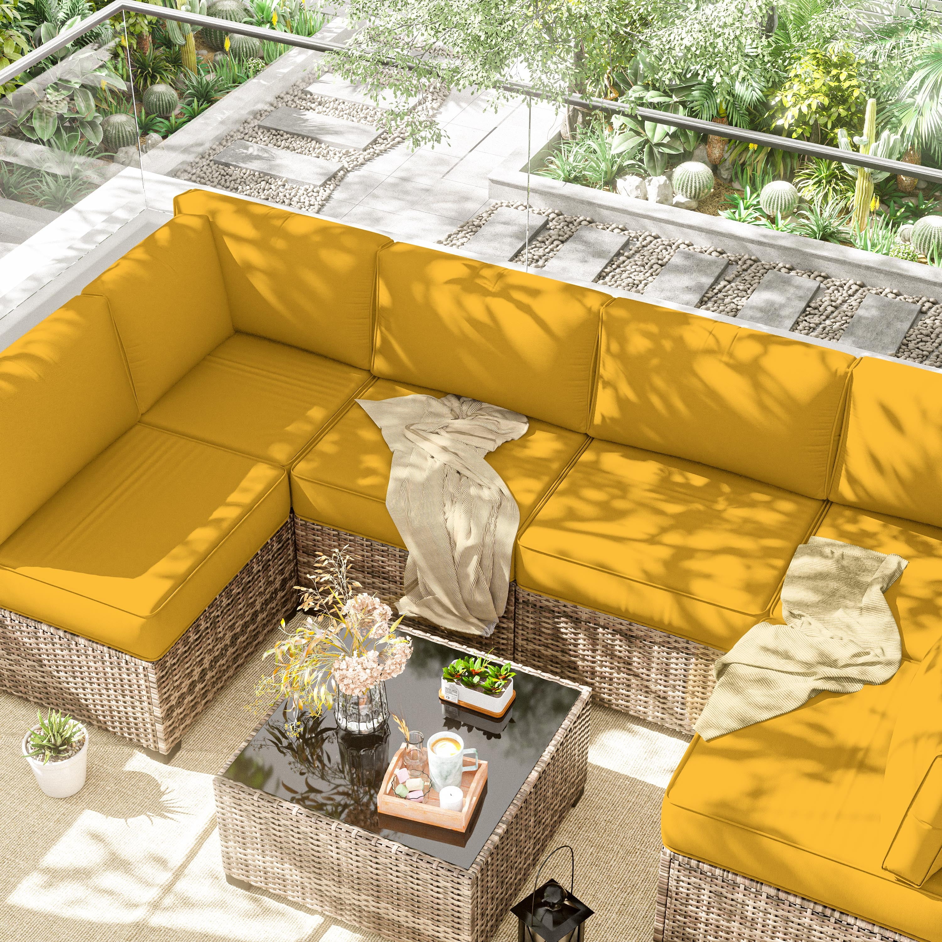 Pakunoda 14 Pieces Outdoor Replacement Cushions, 5” High-Density Foam Sectional Cushions Couch, 6 Seat Patio Conversation Sets for Rattan Wicker, Liner&Cover, Yellow