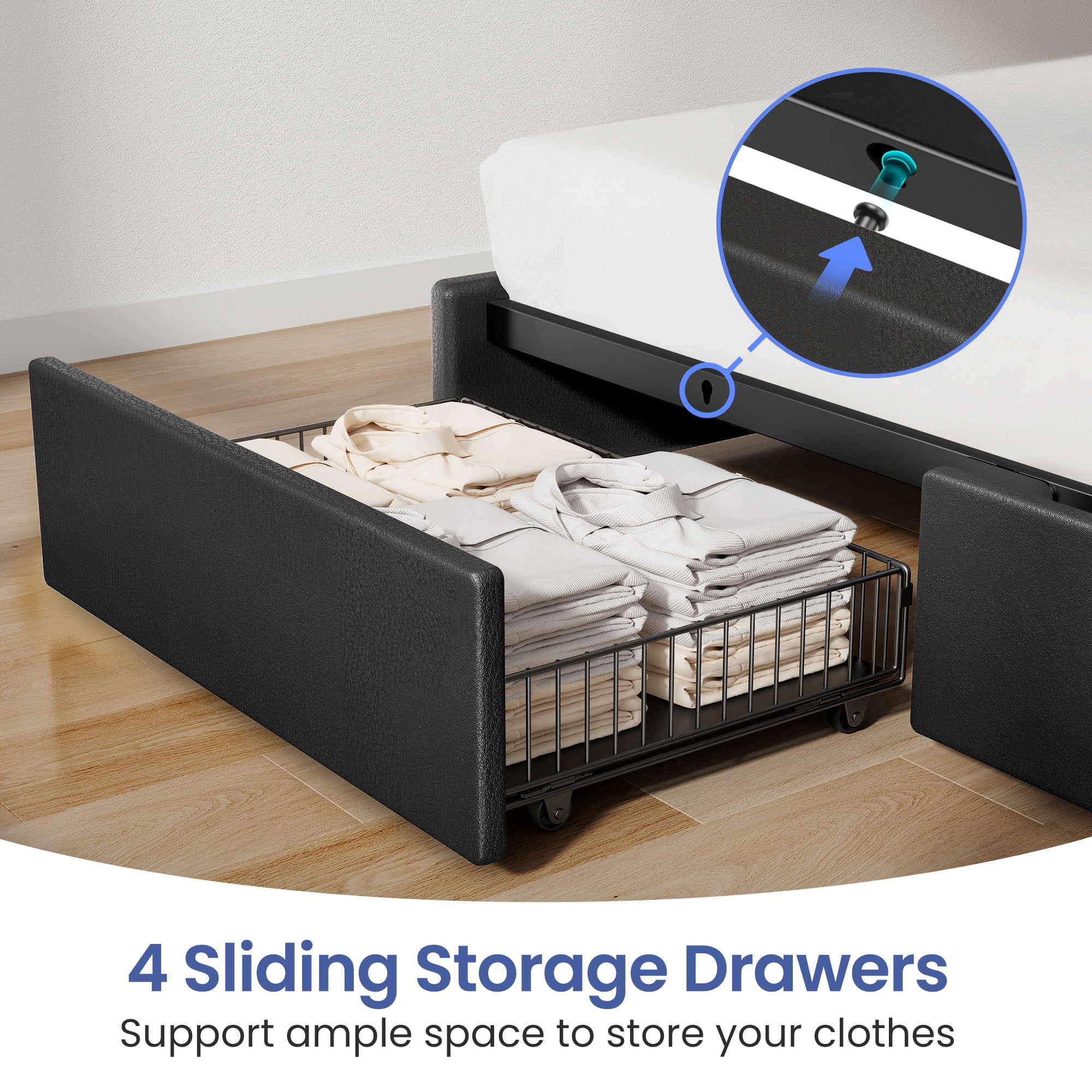 Greenstell Twin Bed Frame with 4 Drawers, Upholstered Platform Bed with LED Adjustable Storage headboard & Charging Station, Black