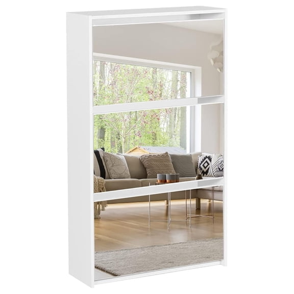 BNHHYYDS White Shoe Cabinet Entryway, Narrow Shoe Storage Rack - 3 Tier Wood Shoe Organizer with Mirror, Down Door Design for Home Apartment