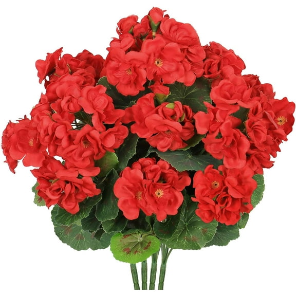 Zukuco Artificial Flowers for Outdoors, 4 Pack Geraniums Silk Flowers UV Resistant No Fade Faux Flowers Geraniums Bush for Home Outdoor Garden Porch Window Vase Wedding Decor (Red)