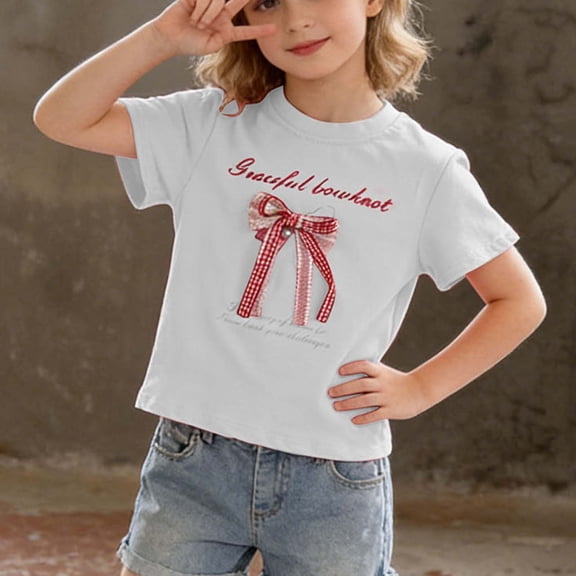 ITSAME T-Shirts for Girls, Lightweight Comfort Cute Bow Cotton Summer Casual Fashion Tops White Size 10