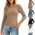 thumbnail image 1 of Tops Henley para mujer,Blusa informal de cuello redondo de punto calado para mujer, manga larga, poliéster, tejido suave y ligero, ideal para el hogar, sopatenor, 1 of 9