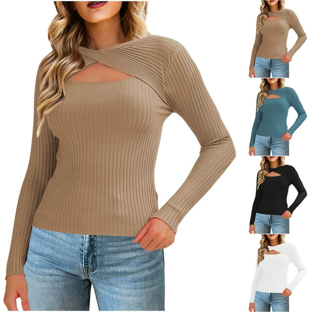 Tops para adolescentes,Blusa informal de cuello redondo de punto calado para mujer, manga larga, poliéster, tejido suave y ligero, ideal para el hogar, sopatenor