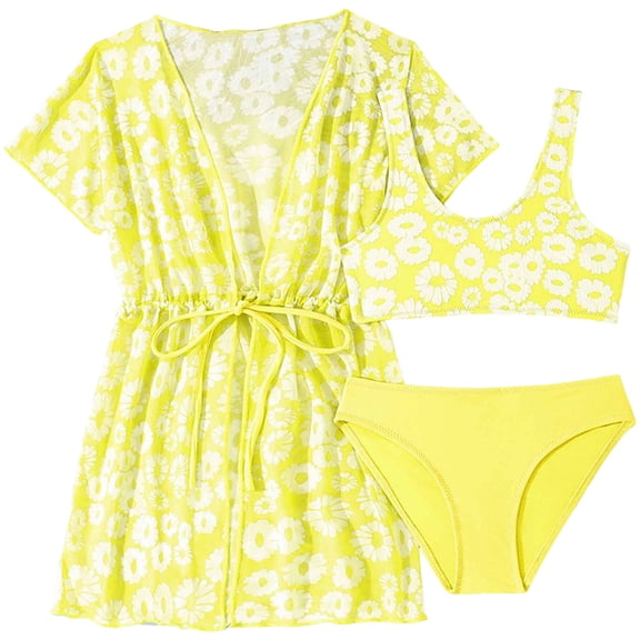 Xudanell Girls 3 Pcs Swim Cover Up Sets Floral Bikini Crop Top with Brief Kimono Teens Bathing Suit (Yellow, 5-6 Years)