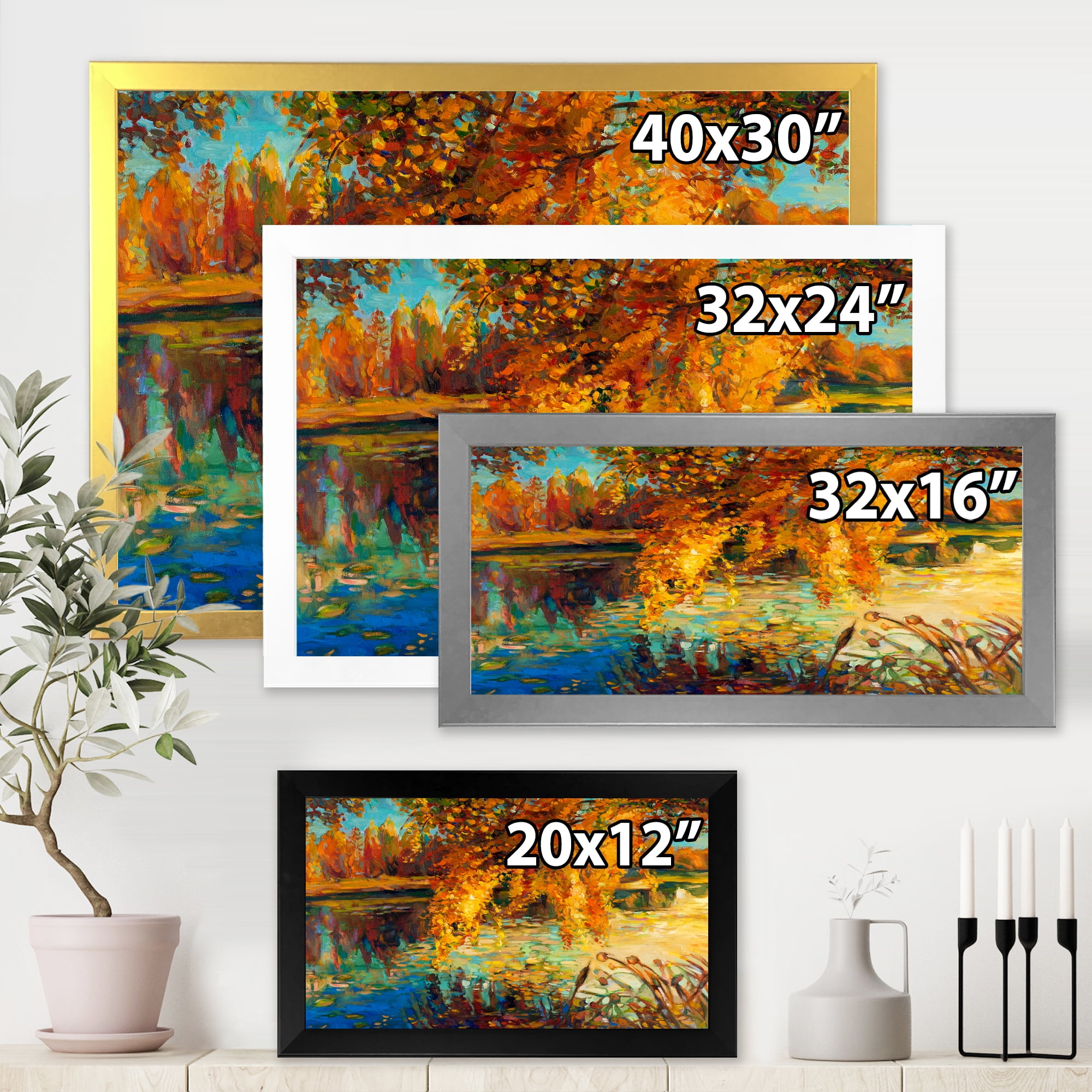 Designart 'Orange Autumn Forest Reflects On River' Lake House Framed Art Print