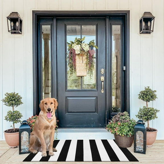 PK.ZTopia Cotton Black and White Striped Rug Outdoor Doormat 23.6 x 51.2 Inches Washable Woven Front Porch Decor Outdoor Indoor Welcome Mats for Front Door/Farmhouse/Entryway/Home Entrance Black Rug