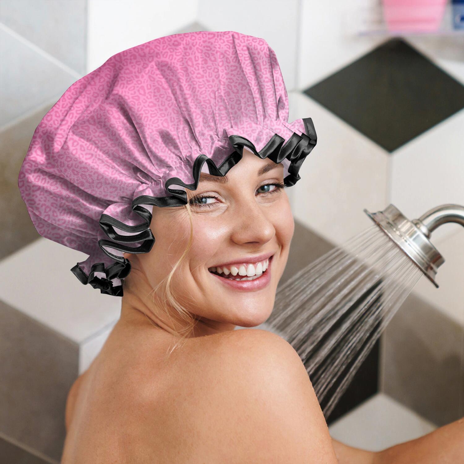 Shower Caps,Pink Gradient Leopard Print Waterproof Shower Cap for Women 4 Pieces,Double Reusable Hair Cover for Shower PEVA Elastic Stretch Hem