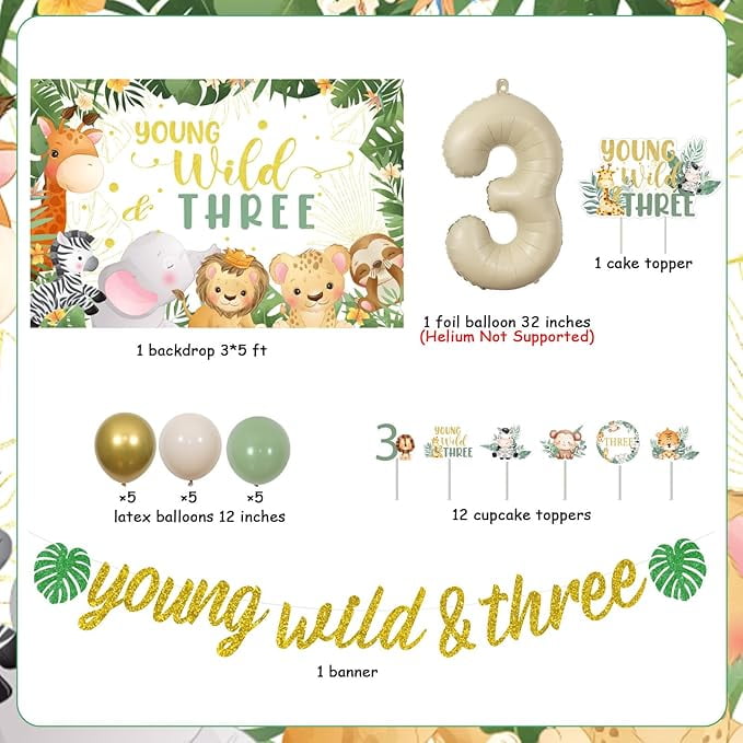 Young Wild And Three Decorations, Jungle Safari 3rd Birthday Decorations Backdrop Banner Jungle Animal Cake Cupcake Toppers Number 3 Foil Balloon for Boys 3rd Birthday Decor