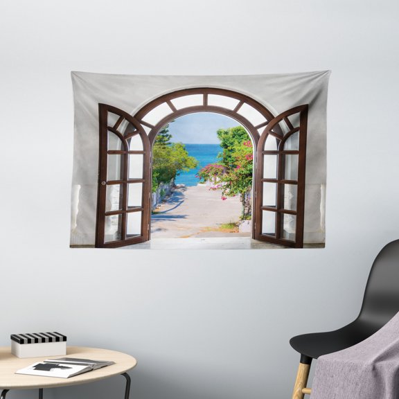 Beach Decor Tapestry, Ocean Sea View from Summer Italian Decor Home in Garden Image, Wall Hanging for Bedroom Living Room Dorm Decor, 60W X 40L Inches, Brown White and Light Blue, by Ambesonne
