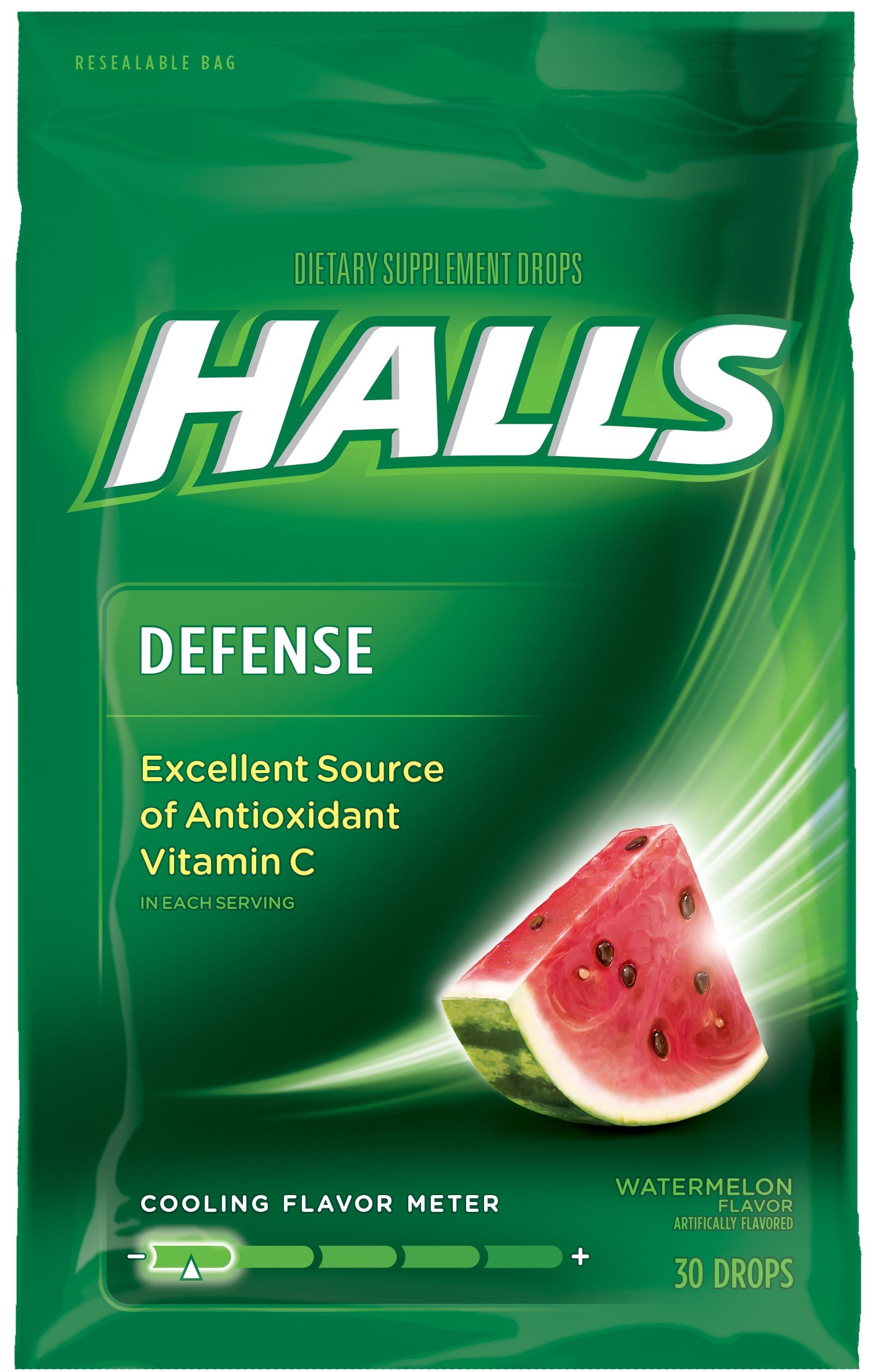 Halls Defense Vitamin C Supplement Drops, Watermelon Flavor, 30 ct