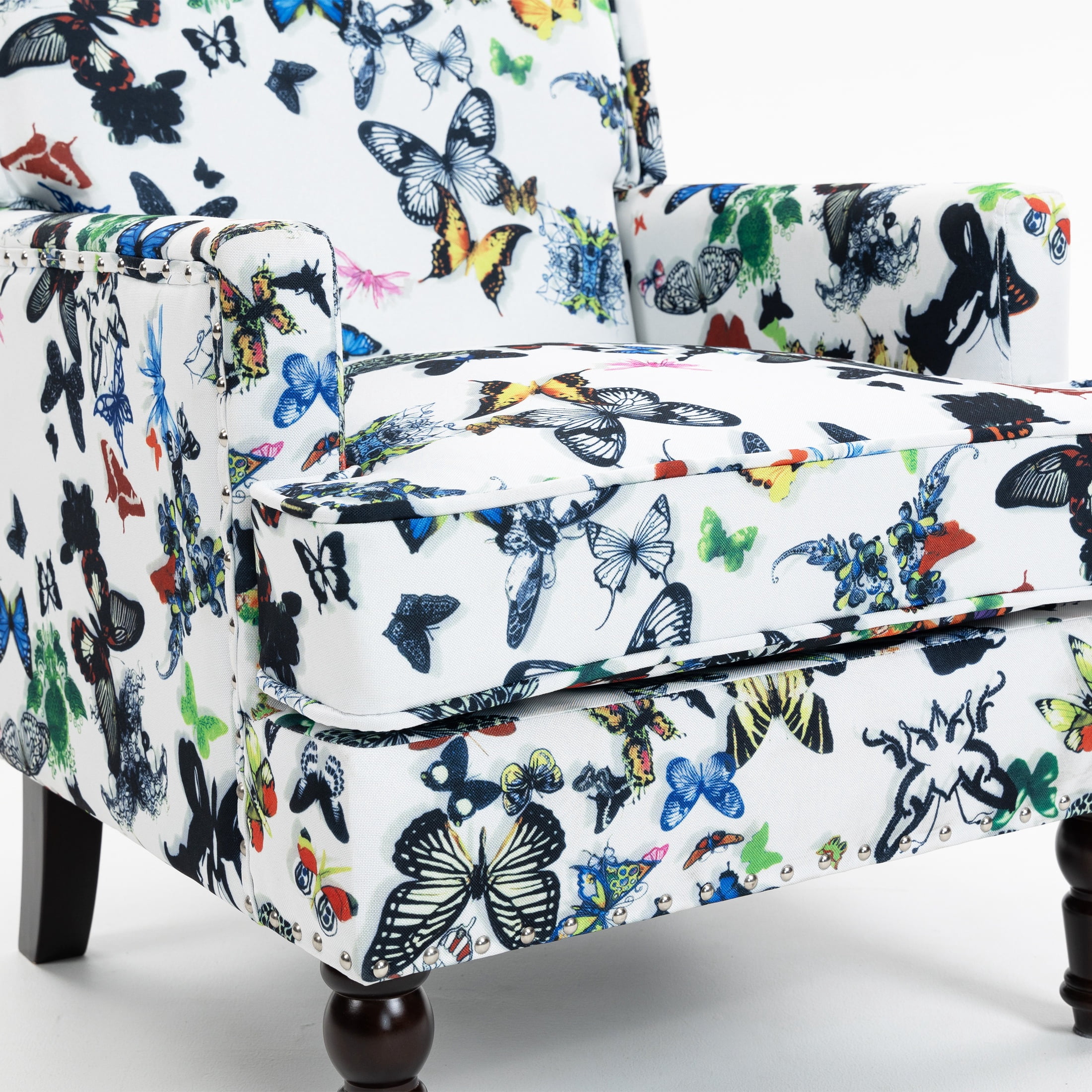 PORKISS Modern Accent Chair, Upholstered Arm Chair Linen Fabric Reading Chair with Solid Wood Legs, Single Sofa for Living Room Bedroom Sunroom, Butterfly Pattern