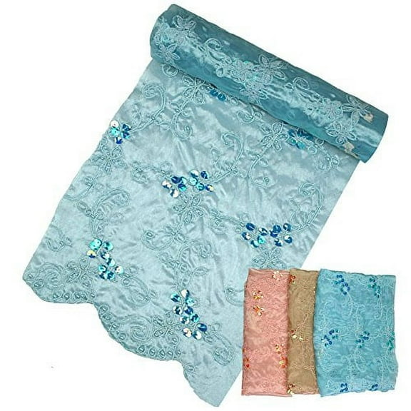 Altotux 47-48 Inches Wide Handsewn Floral Beading and Cording on Mirror Organza Fabric in Blue Pink or Champagne Sequins Double Scalloped (Blue)