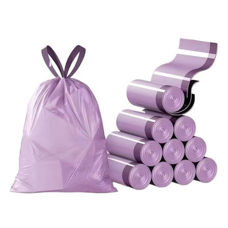 CCOCC 300PCS/6Rolls Small Purple Trash Bags with Drawstrings - Mini Trash Bags for Bathroom,Office,Kitchen & Car - 4 Gallon Wastebasket Liners